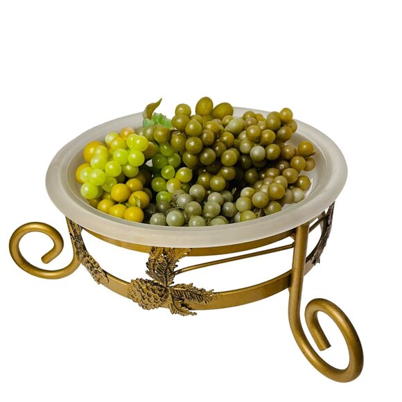 Vintage Brass Glass Fruit Bowl with Decorative Grapes Pinecone Design Elegant Ho - Picture 7 of 9